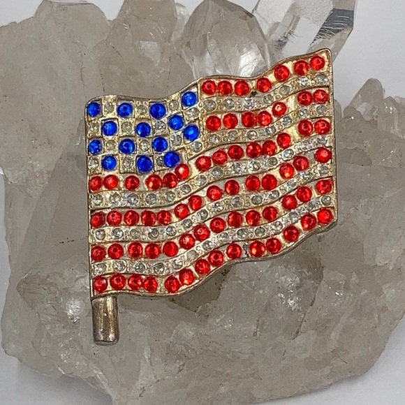 Vintage Waving American Flag Rhinestone Brooch